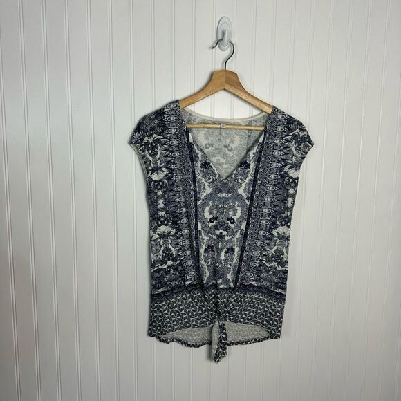 Lucky Brand Top XS Blue White Floral Boho Peasant Summer Knot Front - Picture 1 of 7